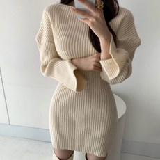 비비에모 입술넥 골지 볼륨 니트 소매트임 미니 원피스 00373