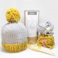 멜로우 방울 모자 뜨개질 키트, 머스타드 + 라이트 그레이, 1세트