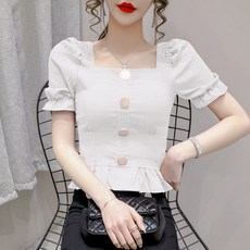 제이제이 벌룬소매블라우스 스퀘어넥 여름 프릴 라인 보텀 허리보정 숏 반팔 시크 상의 리뷰후기
