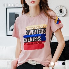 데일로엔 여성용 글리터 스팽글 프린팅 반팔 티셔츠
