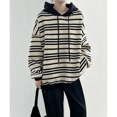 로코 러블리 스트라이프 캐주얼 배색 후드 루즈핏 긴팔탑