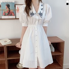티데일리 여성용 자수 카라 퍼프 반팔 소매 벌룬 미디 원피스 리뷰후기