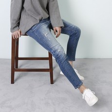 남자 청바지 9부 찢청 구김 워싱 중청 스판 히든밴딩 MC3585 리뷰후기