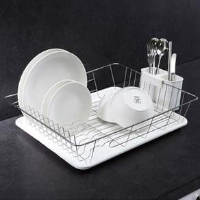 stopia 不鏽鋼單層碗盤架, 1層, 銀色(碗碟晾乾架)+白色(集水盤)
