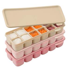 多功能12格雙層密封矽膠副食品分裝盒, 3個, 布丁米色+玫瑰粉+嬰兒粉, 360ml