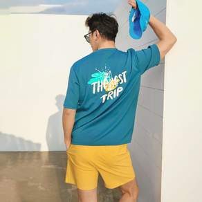 TUBE TREE 男款印花寬鬆防曬短袖T恤+短褲套組 AE6218N, 珊瑚藍(上衣)+黃色(褲子)