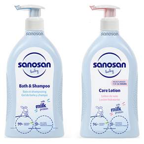 Sanosan Baby 2.0 沐浴和洗髮水 500ml + 護理乳液 500ml x 2p 套組嬰兒爽身粉香氛, 1組