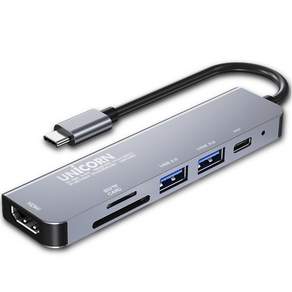 UNiCORN Type-C 6in1 HDMI PD100W 充電鏡像多集線器, 灰色, TH-601C