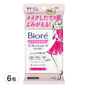 Biore 蜜妮 滋潤型不脫妝潔膚濕巾, 12張, 6包