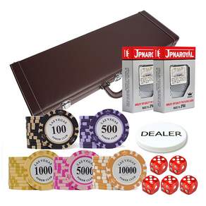 Funicamble Las Vegas Clay Chip 500p + 皮套 + JPNAROYAL Card 2p + Dealer Chip + Key 2p + Dice 16mm 5p Set, 棕色（盒子），透明（骰子）