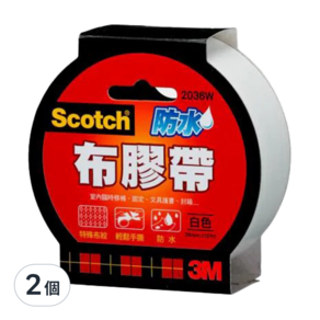 3M Scotch 防水布膠帶 2036W 36mm x 15yd, 白色, 2個