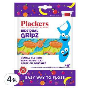 plackers 派樂絲 兒童含氟果香牙線棒 4~10歲, 75支, 4包