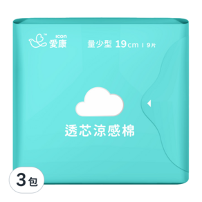 icon 愛康 涼感衛生棉 一般量少型, 19cm, 9片, 3包