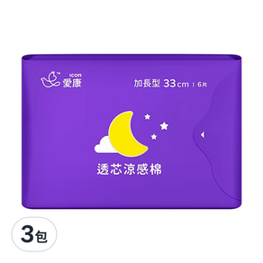 icon 愛康 涼感衛生棉 加長型, 33cm, 6片, 3包