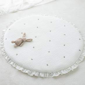 lolbaby 100支棉刺繡絎縫可拆卸圓形地毯, 月亮&星星款(白色)