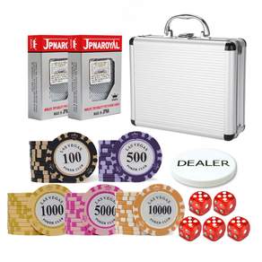 Funicamble Las Vegas Clay Chip 200p + 鋁殼 + JPNAROYAL Card 2p + Dealer Chip + Key 2p + Dice 16mm 5p Set, 銀色（外殼），透明（骰子）