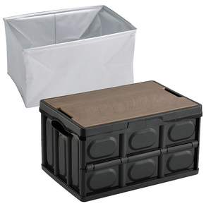 iamdue Trunk & Camping 可折疊折疊箱 56L + 木頂 + 防水包套組, 黑色（折疊盒）