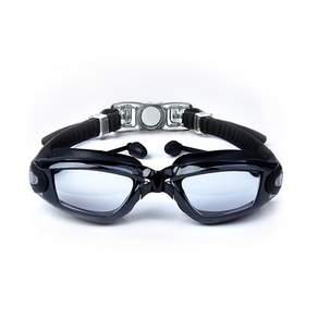 【Ailitor】一體式耳塞 高清鏡片 防霧泳池 水上樂園游泳眼鏡盒, 黑色