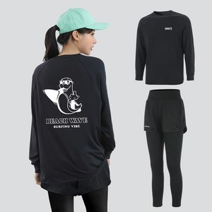 여자 루즈핏 긴팔 래쉬가드 상의 + 반바지 레깅스 하의 팬츠 세트 비치웨어 체형커버 자외선차단 휴양지 바캉스룩