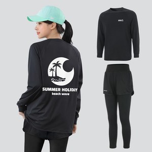 여자 루즈핏 긴팔 래쉬가드 상의 + 반바지 레깅스 하의 팬츠 세트 비치웨어 체형커버 자외선차단 휴양지 바캉스룩