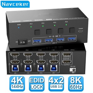Navceker 듀얼 모니터 공유 키보드 마우스 8K KVM 스위치 HDMI 4 포트 4K 144Hz USB 3.0 KVM 스위치 4 PC 2 모니터 EDID 에뮬레이터, ZY-A842