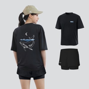 여자 오버핏 반팔 래쉬가드 상의 + 반바지 레깅스 상하의 세트