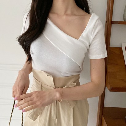 여성용 린다샵 사선 크롭 반팔 티셔츠 T9175K23