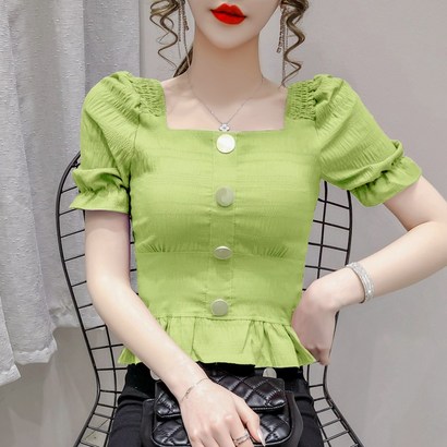 제이제이 벌룬소매블라우스 스퀘어넥 여름 프릴 라인 보텀 허리보정 숏 반팔 시크 상의 리뷰후기