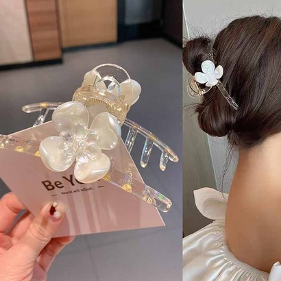 워더미 화이트 플라워 펄 크리스탈 수정 꼬임 투명 집게핀 F274