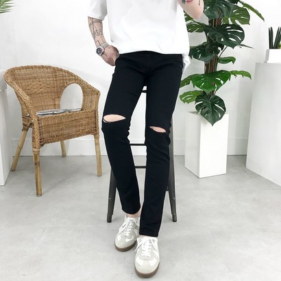 모룸 남자 디스트로이드 편한 스판 무릎 데미지 블랙진 리뷰후기