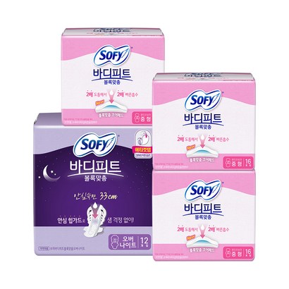 쏘피 바디피트 볼록맞춤 생리대 날개형 중형 오버나이트