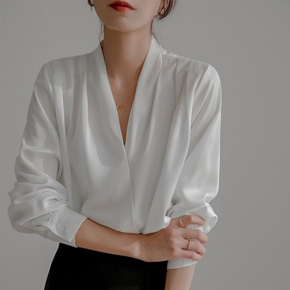 ANYOU 여성 봄여름 브이 블라우스 핀턱 여성 실크블라우스