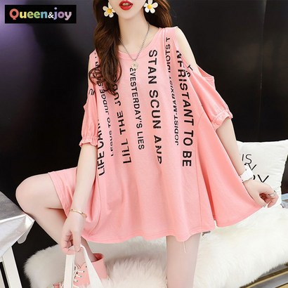 퀸앤조이 레터링 어깨트임 플레어핏 반팔 티셔츠 7부소매***판매자SSK무역***
