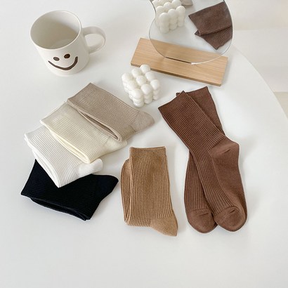 5개1set 워더미 데일리 베이지 브라운 심플 골지 중목양말 W445