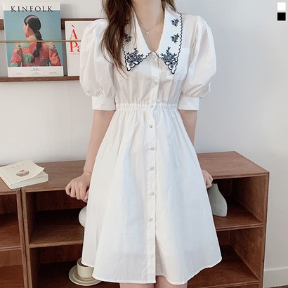 티데일리 여성용 자수 카라 퍼프 반팔 소매 벌룬 미디 원피스 리뷰후기