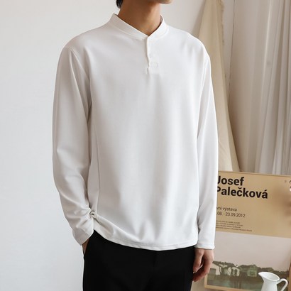 더베이직샵 투버튼 미니멀 세미오버 헨리넥 긴팔 티셔츠 리뷰후기