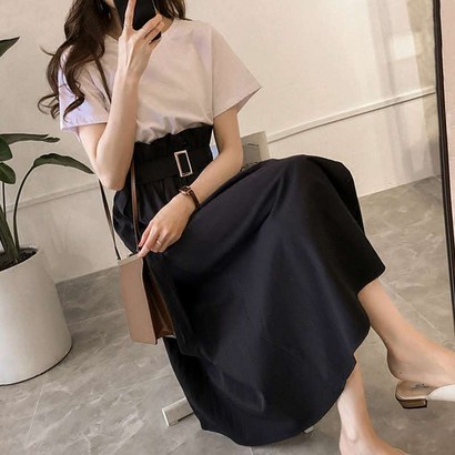 젠틸레 여성 투피스 티셔츠 치마 케주얼 무지 티 체크