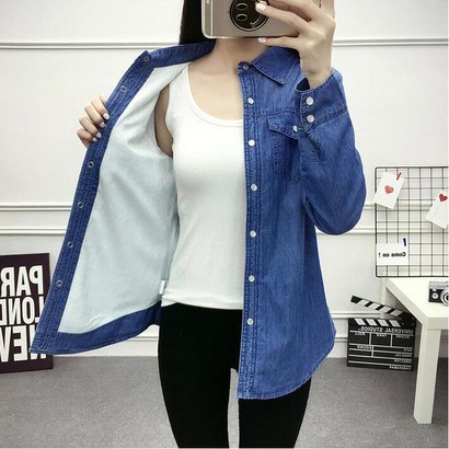 여성 가을 긴팔 기모 셔츠 빅사이즈 데님 남방 티셔츠 리뷰후기