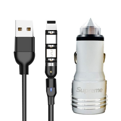 코끼리리빙 3in1 마그네틱 고속충전 케이블 3m + 듀얼포트 차량용 USB 3.0 시거잭 충전기 세트, 블랙(케이블), 화이트(충전기), PYA-1312(케이블), SP-700(충전기)