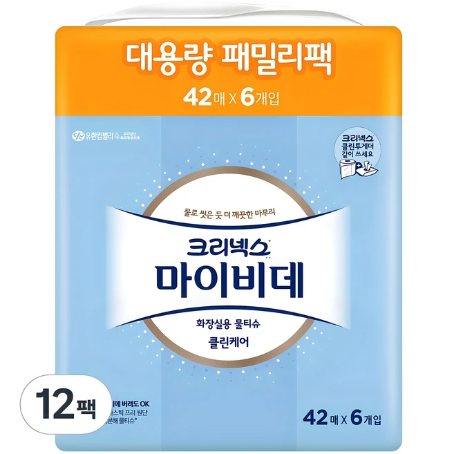 마이비데 클린케어 화장실용 물티슈 휴대형 패밀리팩, 100g, 42매입, 12개