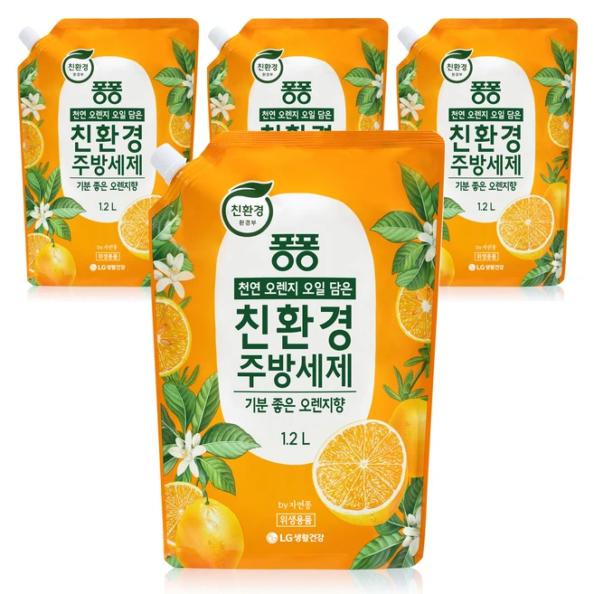 퐁퐁 친환경 주방세제 오렌지향 리필, 4개, 1.2L