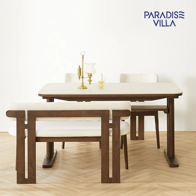 파라다이스빌라 카멜롯 1400 세라믹 원목식탁 2인 벤치＋의자2P pn596-1, 다크브라운