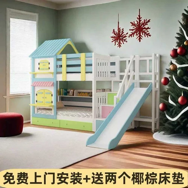 2층 미끄럼틀침대 자녀방 벙커 놀이침대 이층 베드 이층침대 복층 퀸사이즈, 1200x2000핑크화이트(사다리캐비닛모델)