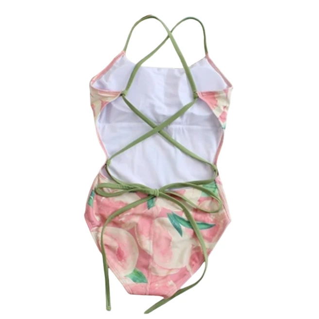 복숭아 프린트 원피스 수영복 호캉스 호텔 양면 복숭아, 그린 스트링 피치