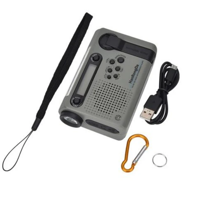 AM FM SW 라디오 태양열 핸드 크랭크 날씨 2000mAh 알람 시계 휴대용 야외 손전등 전화 충전기 비상 보조베터리, Gray