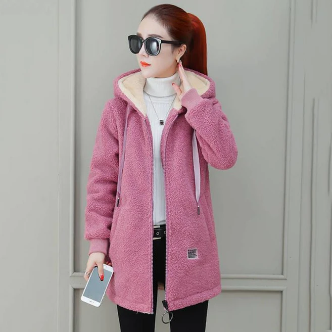 ROYALBELLE 여성 하프기장 뽀글이 후드 집업 재킷 베이직 따뜻한 캐주얼 단색 코트 V1108113