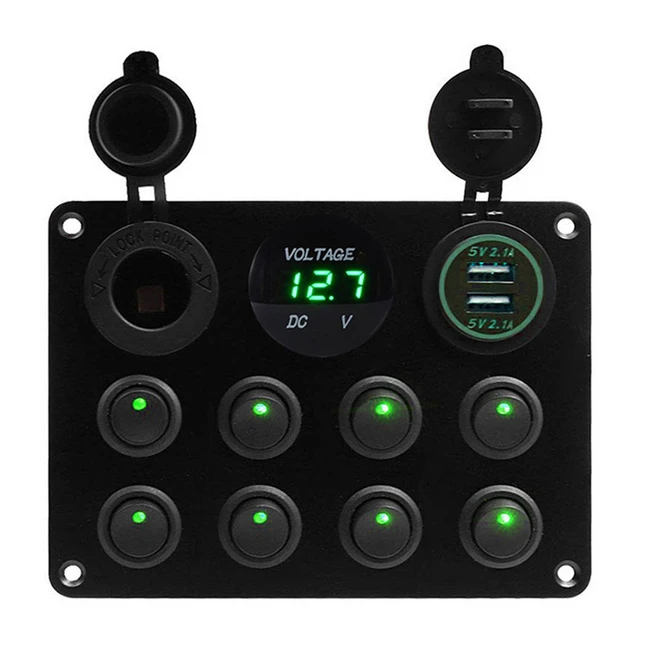 단추 로커 토글 스위치 패널 USB 제어 자동차 트럭 해양 보트 RV ATV UTV 캠핑 캐러밴 회로 차단기 8 갱(608654), CHINA, 8 Gang Green