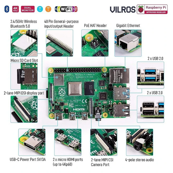 Vilros 라즈베리 파이 4 데스크탑 PC - 완전 조립 및 바로 사용 가능한 컴퓨터 (2GB).