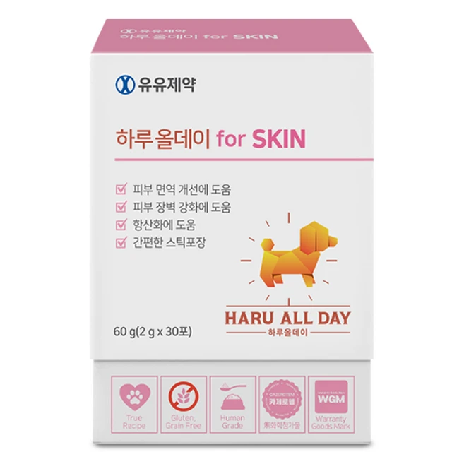 유유제약 하루올데이 for SKIN 강아지 피부 피모 반려견 영양제 습진 모질 발바닥사탕 카제로템, 30회분, 피부/피모, 1개