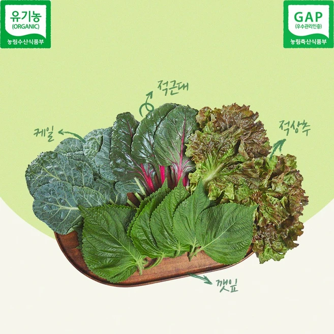 프레쉬업 만인산농협 유기농 쌈채소 150g 4종 적상추 깻잎 케일 적근대, 신선 채소